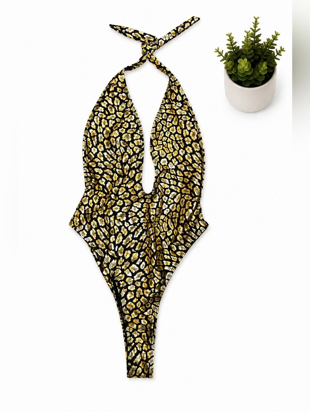 Black and Gold Leopard Halter One-Piece